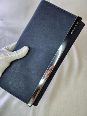 Michael Kors Navy Blue Wallet with Metal Bar and Interior Zipper Pocket